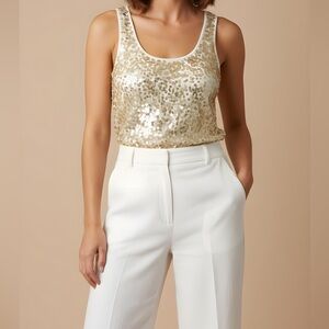 Express Off-White / Gold Sequin Tank Top | Scoop Neck, Wide Strap, XS Cocktail